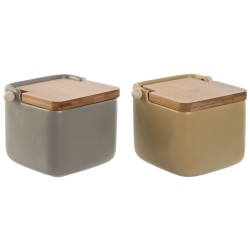 Αλατιέρα με Καπάκι Home ESPRIT Μπεζ Γκρι Φυσικό Bamboo Dolomite 15 x 12 x 11 cm (x2)